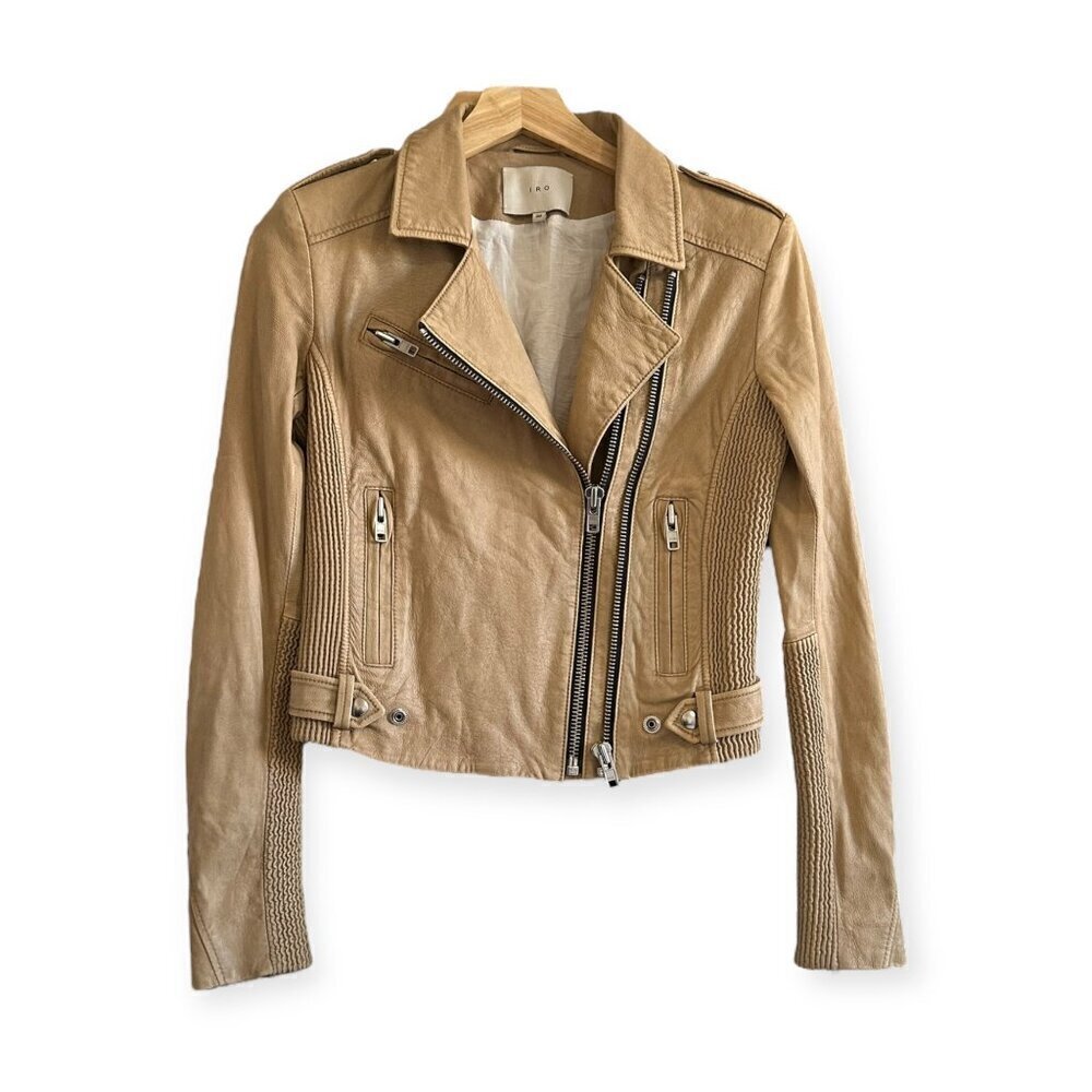 IRO Evana Double Zip Leather Biker/Moto Jacket in Beige,  Size 36 EU